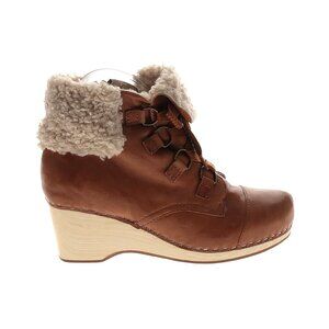 New Kelsi Dagger Tan Lace Up Leather Faux Fur Sherpa Block Heel Boots Size 9